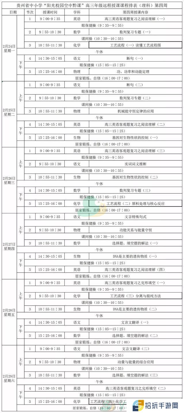 《阳光校园空中黔课》高三年级（理科）第四周课表