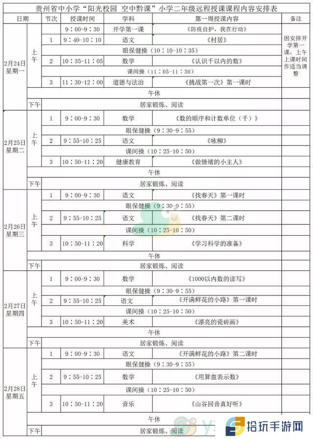 《阳光校园空中黔课》小学二年级第一周课表